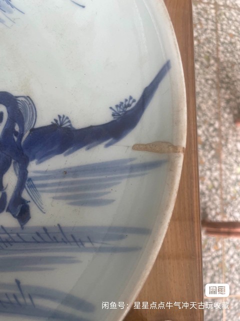 古玩陶瓷柳蔭棲馬紋青花盤真品鑒賞圖