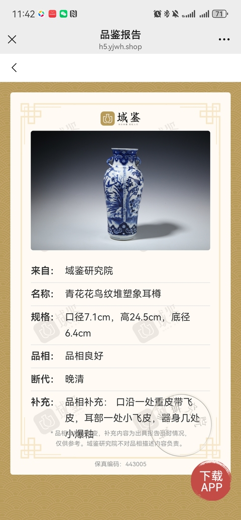 古玩陶瓷青花花鳥紋象耳尊真品鑒賞圖