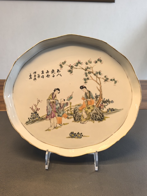 古玩陶瓷粉彩仕女人物詩文茶盤真品鑒賞圖