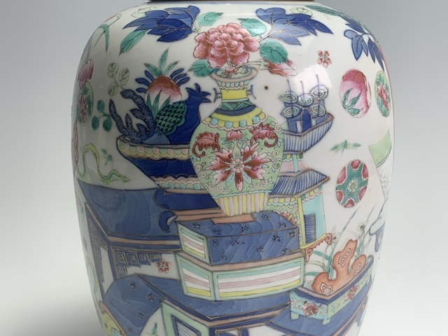 古玩陶瓷清晚期·青花加彩皮球花清貢博古圖蓋罐真品鑒賞圖