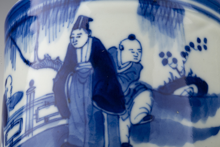 古玩陶瓷晚清·青花攜琴訪友紋筒式爐真品鑒賞圖
