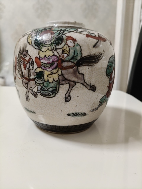 古玩陶瓷哥釉地鐵銹釉五彩加粉彩刀馬人罐真品鑒賞圖
