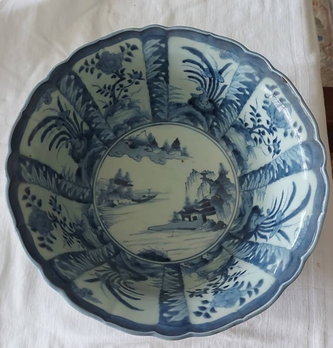 古玩陶瓷日本江戶山水人物紋花口碗真品鑒賞圖