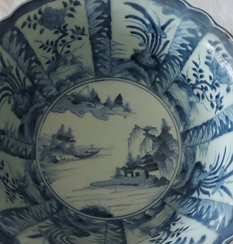 古玩陶瓷日本江戶山水人物紋花口碗真品鑒賞圖