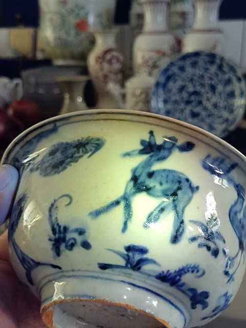 古玩陶瓷青花鶴鹿同春圖茶碗真品鑒賞圖
