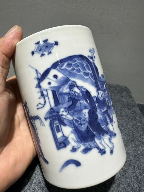 古玩陶瓷青花人物故事筆筒真品鑒賞圖