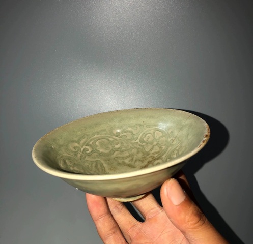 古玩陶瓷耀州窯童子執梅盞真品鑒賞圖