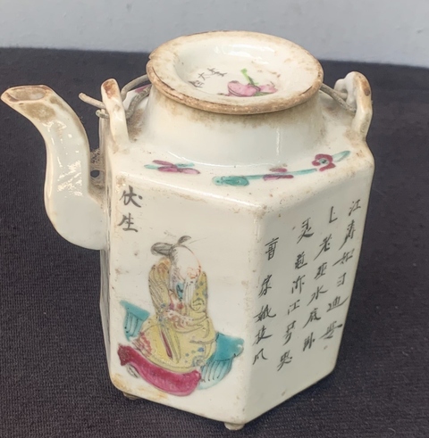 古玩陶瓷粉彩無雙譜六方提梁壺真品鑒賞圖
