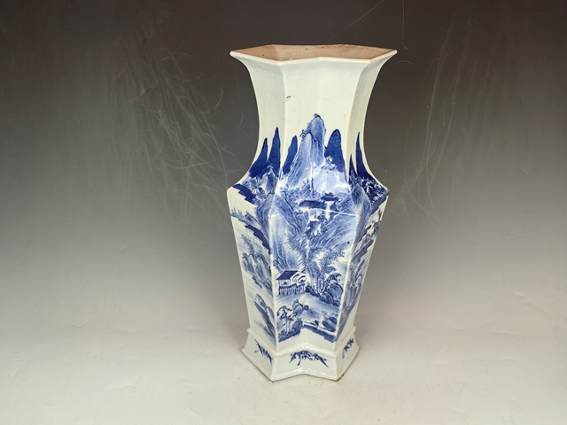 古玩陶瓷清中晚風景山水人物詩文青花雙聯瓶真品鑒賞圖