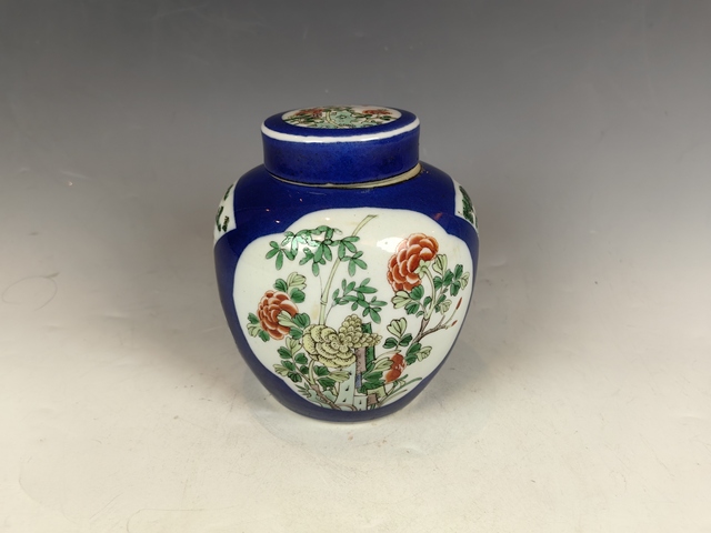 古玩陶瓷清晚祭藍(lán)開(kāi)窗五彩風(fēng)景山水花卉鳥(niǎo)紋蓋罐真品鑒賞圖