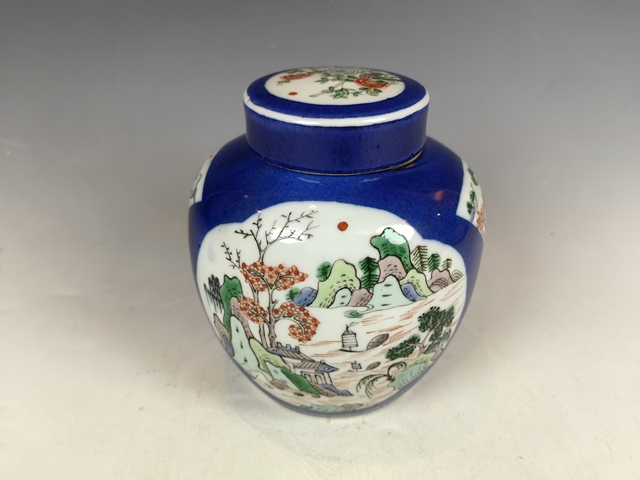 古玩陶瓷清晚祭藍(lán)開(kāi)窗五彩風(fēng)景山水花卉鳥(niǎo)紋蓋罐真品鑒賞圖