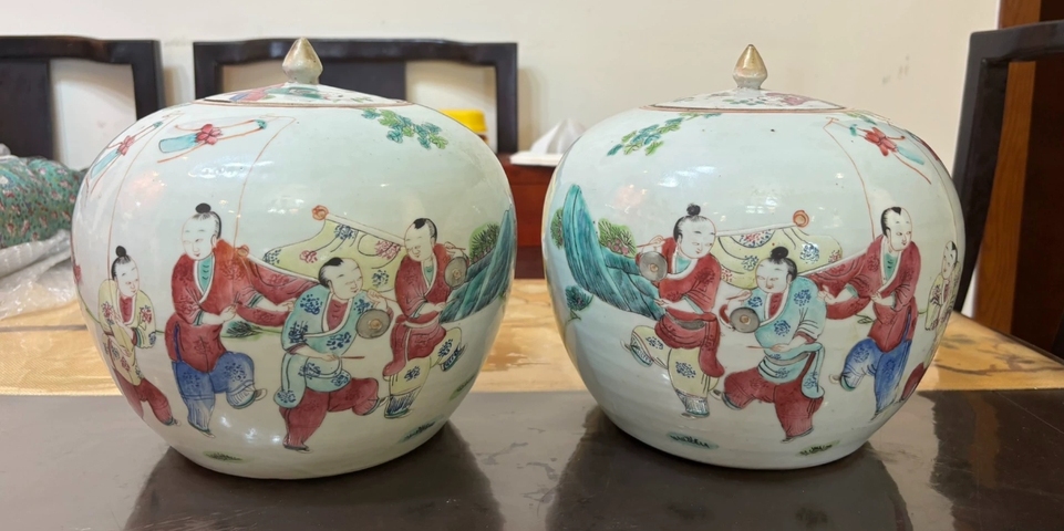 古玩陶瓷麒麟送子粉彩西瓜罐真品鑒賞圖