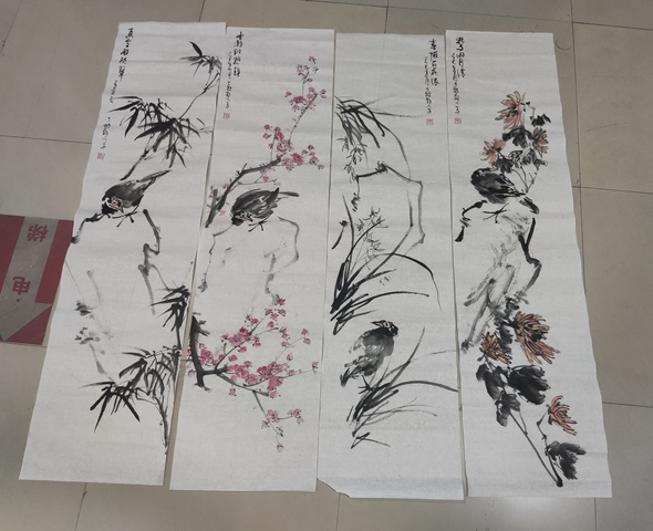 古玩字畫河南名家謝英慧 梅蘭竹菊禽鳥四屏拍賣,當前價格10元