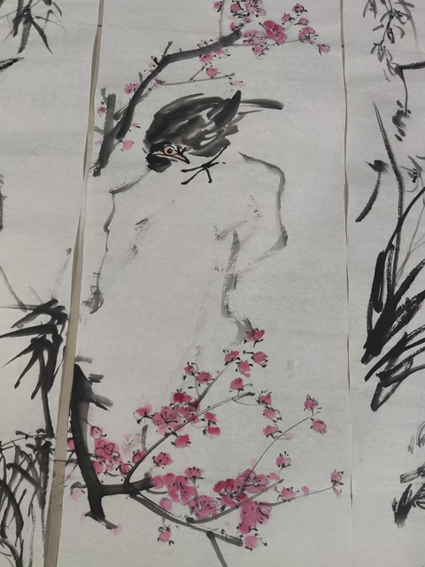 古玩字畫河南名家謝英慧 梅蘭竹菊禽鳥四屏拍賣,當前價格10元