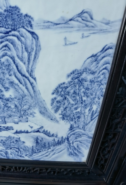 古玩陶瓷青花山水紋瓷板真品鑒賞圖