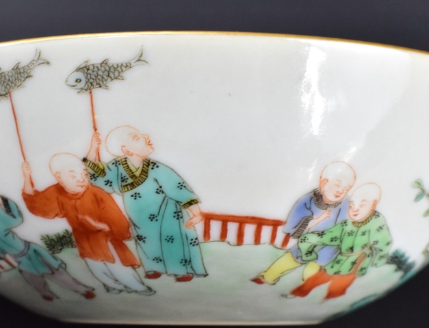 古玩陶瓷民國 嬰戲臥足碗真品鑒賞圖