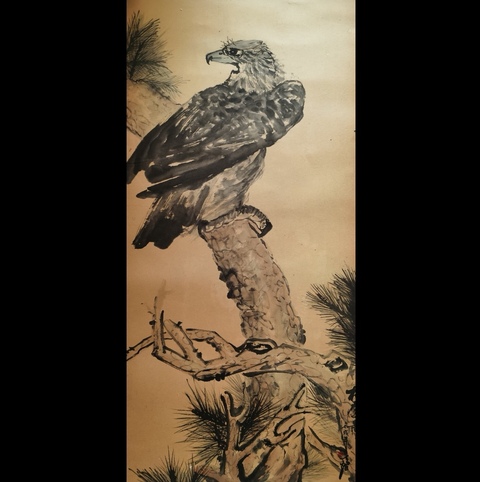 古玩字畫中國指畫研究會常務理事杭州美協會員鄭天炬松鷹圖拍賣,當前價格899元