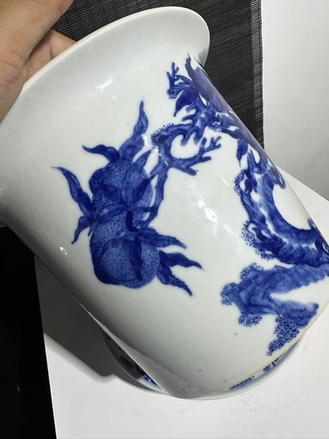 古玩陶瓷青花九桃花卉紋花盆真品鑒賞圖