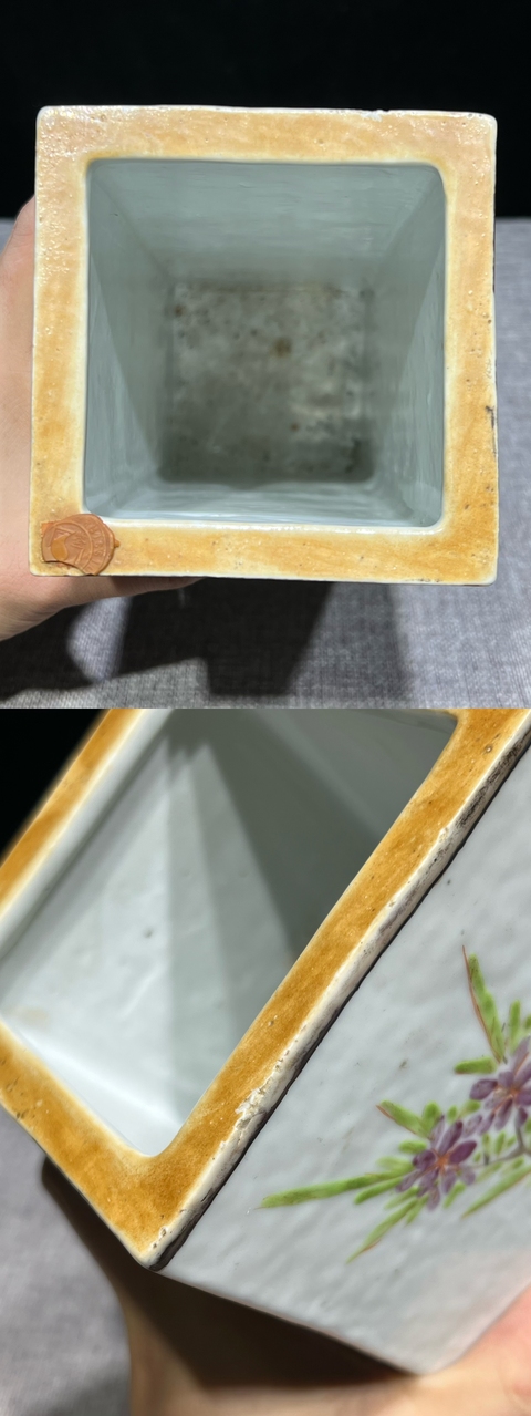 古玩陶瓷淺降彩人物故事紋四方帽筒真品鑒賞圖