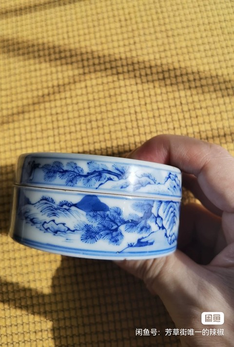 古玩陶瓷青花山水紋印泥盒真品鑒賞圖