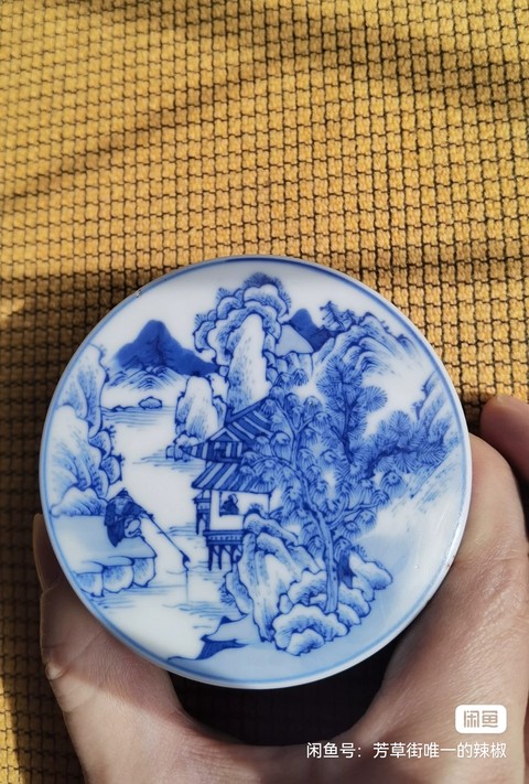 古玩陶瓷青花山水紋印泥盒真品鑒賞圖