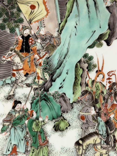 古玩陶瓷刀馬人五彩盤真品鑒賞圖
