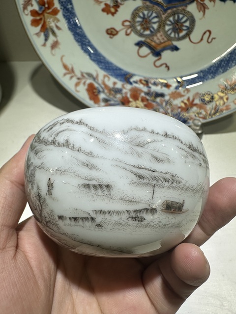 古玩陶瓷黑彩礬紅山水紋水盂真品鑒賞圖