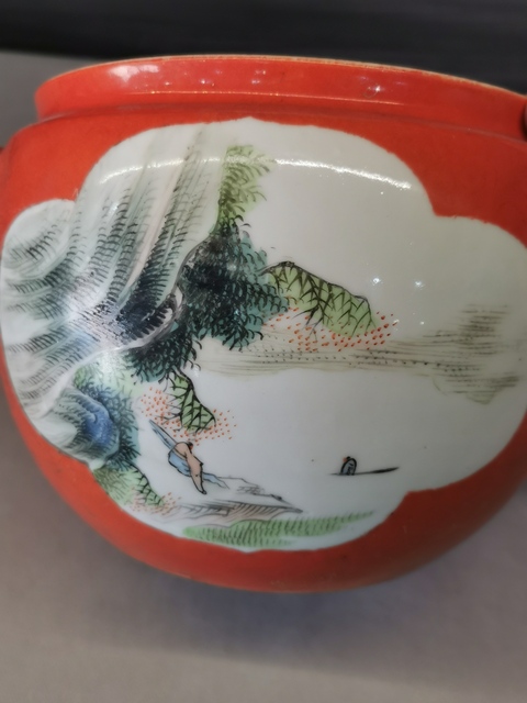 古玩陶瓷山水紋四系粥罐真品鑒賞圖