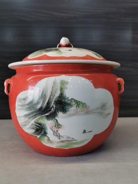 古玩陶瓷山水紋四系粥罐真品鑒賞圖