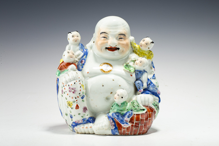 古玩陶瓷民國·粉彩五子登科彌勒佛坐像真品鑒賞圖