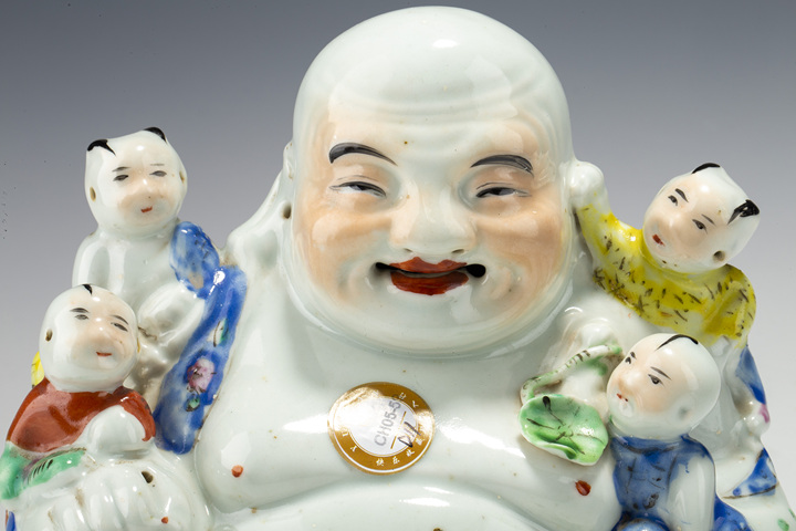 古玩陶瓷民國·粉彩五子登科彌勒佛坐像真品鑒賞圖