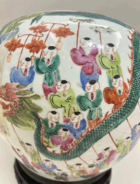 古玩陶瓷清晚期 粉彩嬰戲圖蓋罐真品鑒賞圖