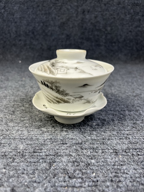 古玩陶瓷墨彩山水人物紋三才蓋碗真品鑒賞圖