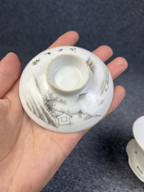 古玩陶瓷墨彩山水人物紋三才蓋碗真品鑒賞圖