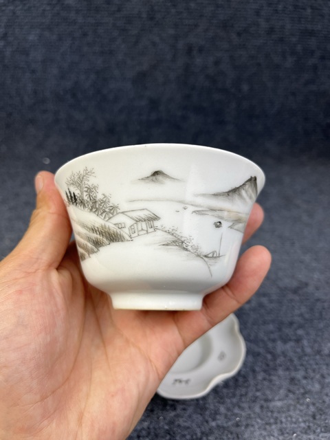 古玩陶瓷墨彩山水人物紋三才蓋碗真品鑒賞圖