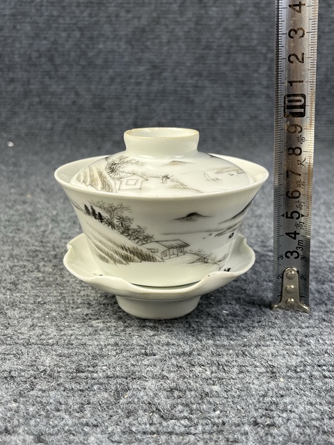 古玩陶瓷墨彩山水人物紋三才蓋碗真品鑒賞圖
