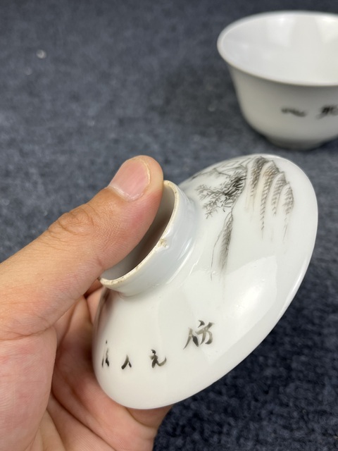古玩陶瓷墨彩山水人物紋三才蓋碗真品鑒賞圖