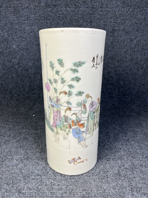 古玩陶瓷粉彩美色清華紋帽筒真品鑒賞圖