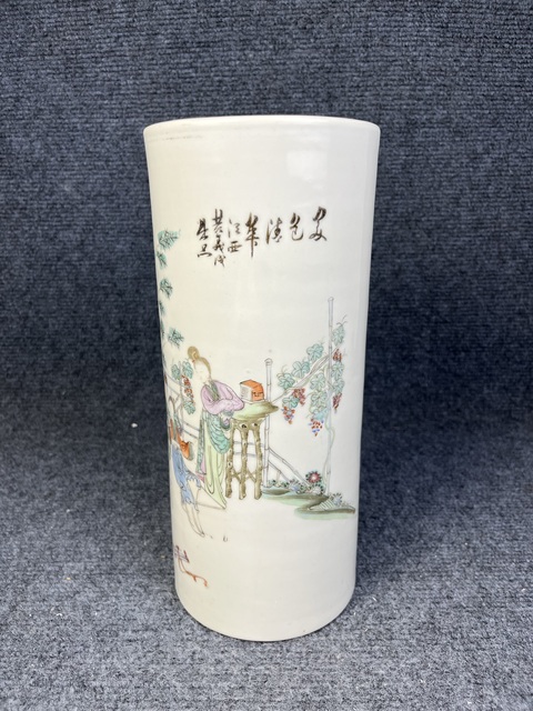 古玩陶瓷粉彩美色清華紋帽筒真品鑒賞圖