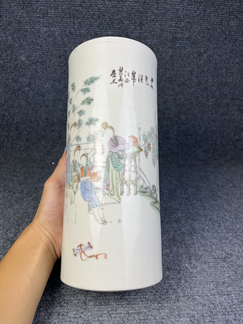 古玩陶瓷粉彩美色清華紋帽筒真品鑒賞圖