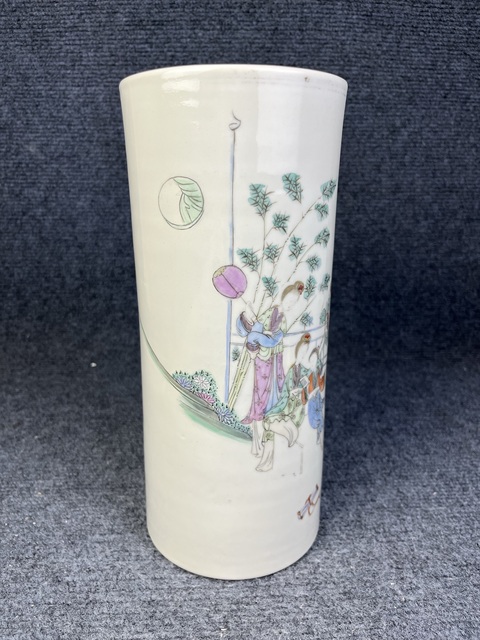 古玩陶瓷粉彩美色清華紋帽筒真品鑒賞圖