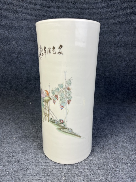 古玩陶瓷粉彩美色清華紋帽筒真品鑒賞圖