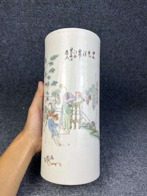 古玩陶瓷粉彩美色清華紋帽筒真品鑒賞圖