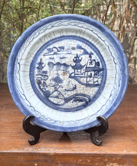 古玩陶瓷樓臺亭閣山水紋青花盤真品鑒賞圖