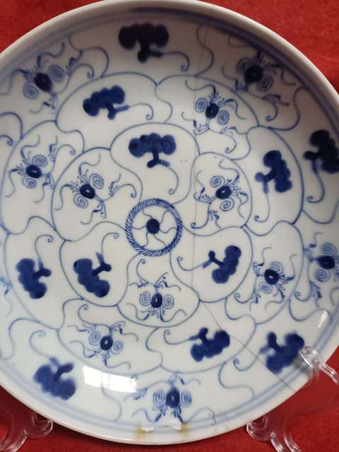 古玩陶瓷青花靈芝花卉紋盤真品鑒賞圖