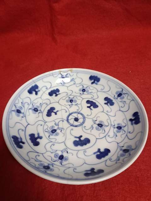 古玩陶瓷青花靈芝花卉紋盤真品鑒賞圖