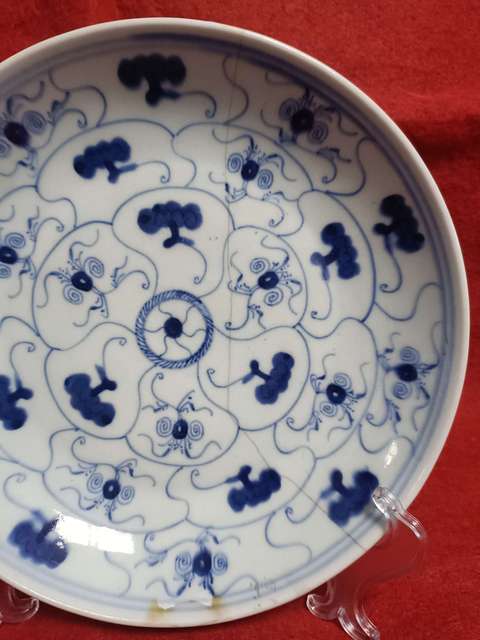 古玩陶瓷青花靈芝花卉紋盤真品鑒賞圖
