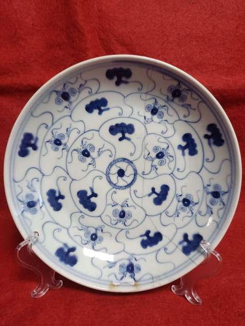 古玩陶瓷青花靈芝花卉紋盤真品鑒賞圖