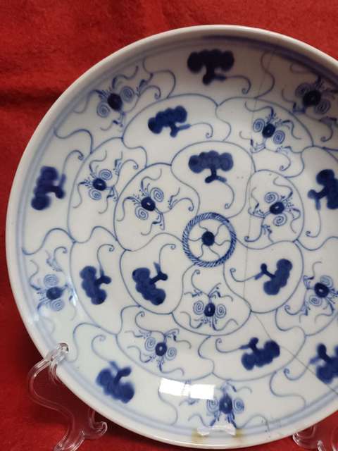 古玩陶瓷青花靈芝花卉紋盤真品鑒賞圖