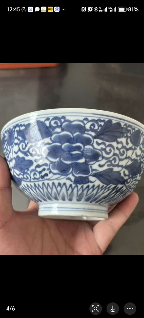 古玩陶瓷雙魚(yú)紋款花卉紋青花碗真品鑒賞圖